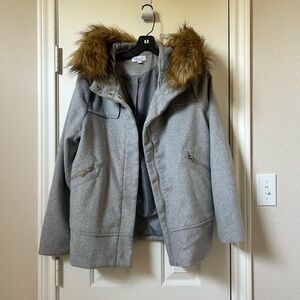 C.S. New York by CoffeeShop Large Grey Wool Felt Coat with Detachable Fur Hood